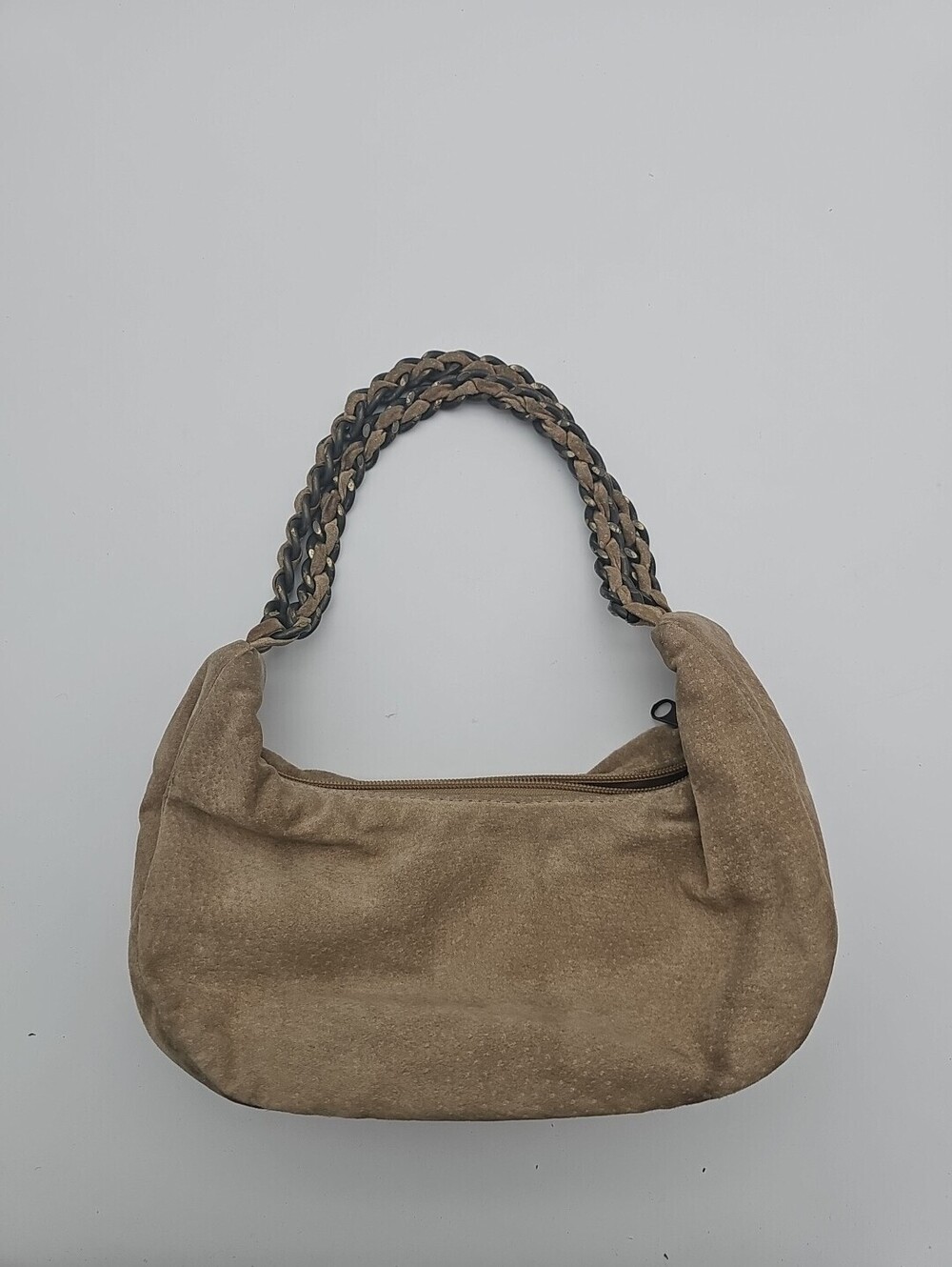 Soft tan suede Wilsons Leather Maxima bag. Unique braided metal & leather handle